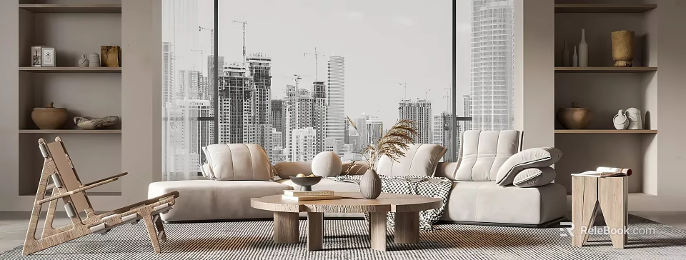 Modern Living Room Large Windows City View Light Colored Sofa Round Coffee Table Plant Decor 3d model 