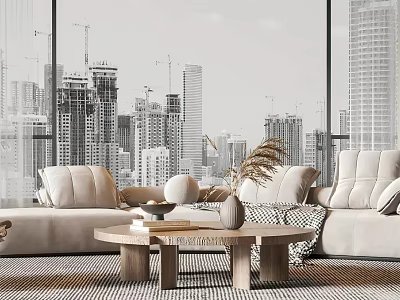 Modern Living Room Large Windows City View Light Colored Sofa Round Coffee Table Plant Decor 3d model