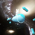 Cartoon Space Scene With White Rabbit And Floating Blue Spaceships In Starry Galaxy