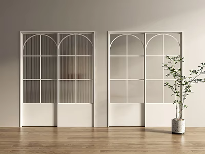 Modern Interior Design With Arched Glass Sliding Doors Wooden Floor And Green Plant 3d model