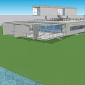 Aerial View Planning of Modern Waterfront Building With Green Lawn and Large Windows