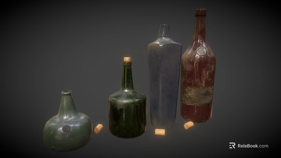 Food Storage Bottles In Various Shapes And Colors With Cork Stoppers 3d model 