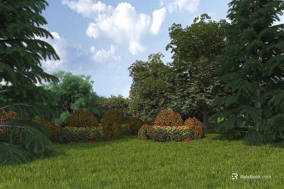 Natural Garden Landscape With Lush Green Lawn Various Trees And Flowering Shrubs 3d model 