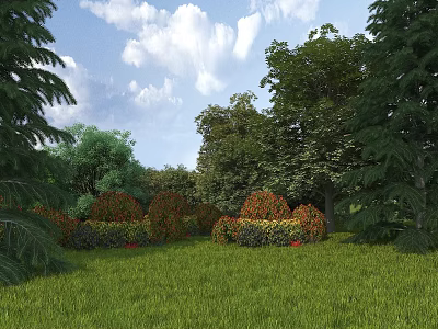 Natural Garden Landscape With Lush Green Lawn Various Trees And Flowering Shrubs 3d model