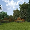 Natural Garden Landscape With Lush Green Lawn Various Trees And Flowering Shrubs