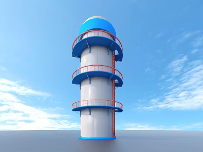 Industrial Tower with White Body Blue Platforms and Red Ladders Against Clear Blue Sky 3d model