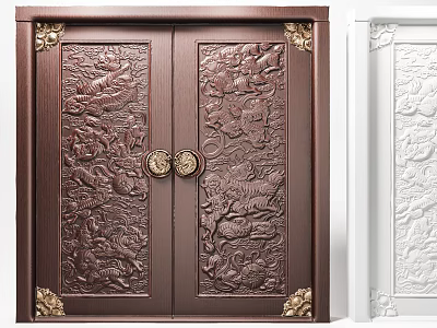 Intricately Carved Double Doors Featuring Bronze White Finish Golden Borders And Knockers 3d model