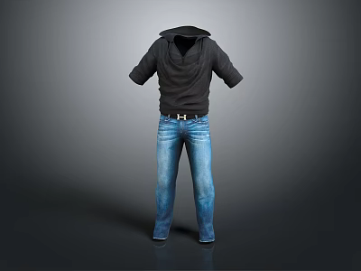 Black Casual Hoodie Paired With Blue Denim Jeans Daily Outfit Ensemble 3d model