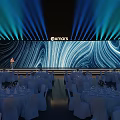 AI Conference Venue With Modern Stage Seating And Digital Background Design