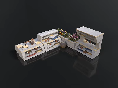 Modern White Display Storage Furniture With Multi Layer Shelves And Decorative Flowers 3d model