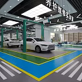 Modern Auto Showroom Interior With Green And Blue Floor Lines And Display Cars