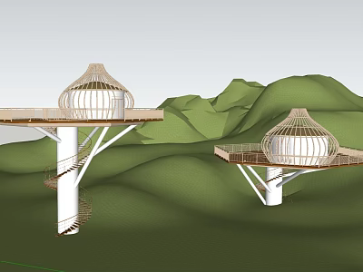 Boutique Hotel Architecture With Dome Structure Spiral Staircase And Elevated Platform In Green Hills 3d model