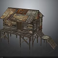 Rustic Wooden Cabin With Rusted Metal Roof On Wooden Stilts And Steps