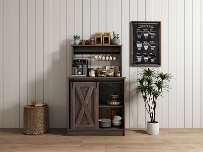 Rustic Wooden Sideboard With Shelves Decorative Plants Mugs And Potted Plant Against White Panel Wall 3d model