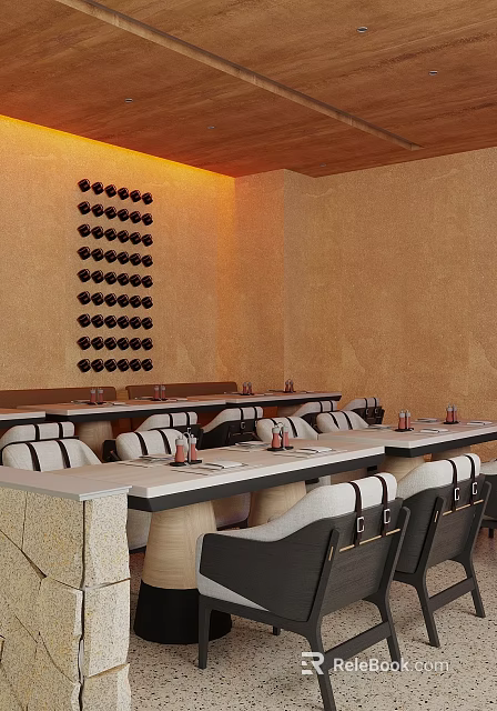 Dining Table Set With Black And White Chairs Warm Toned Wall Wine Bottle Rack Tableware 3d model