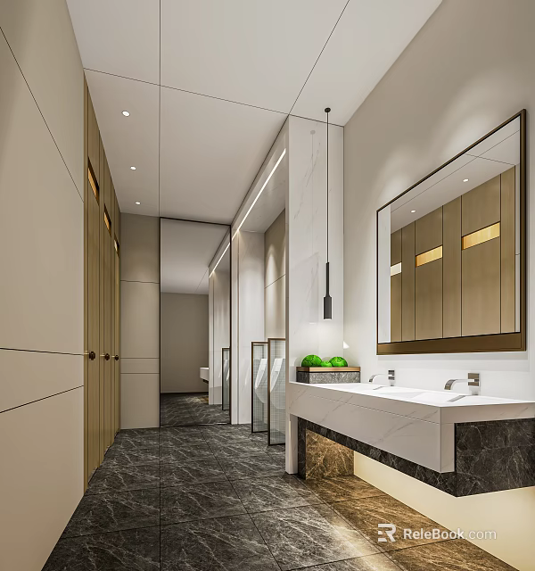 Modern Public Restroom Interior Design With Marble Countertop Large Mirror And Soft Lighting Fixtures 3d model 