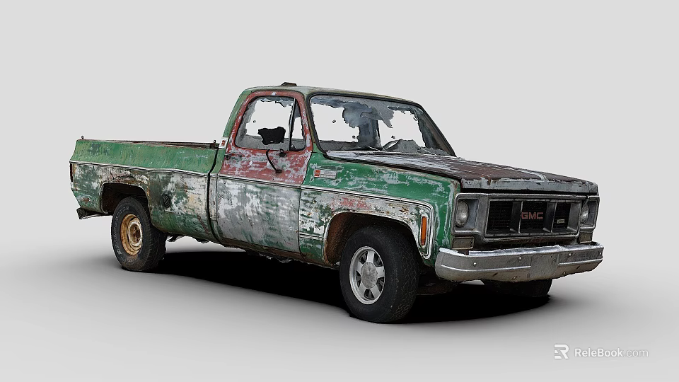Old Green Worn Out Truck With Rust Peeling Paint Single Cab Front Grille Headlights 3d model 