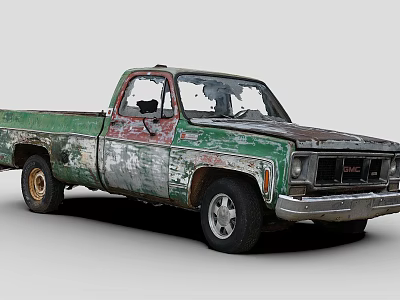 Old Green Worn Out Truck With Rust Peeling Paint Single Cab Front Grille Headlights 3d model