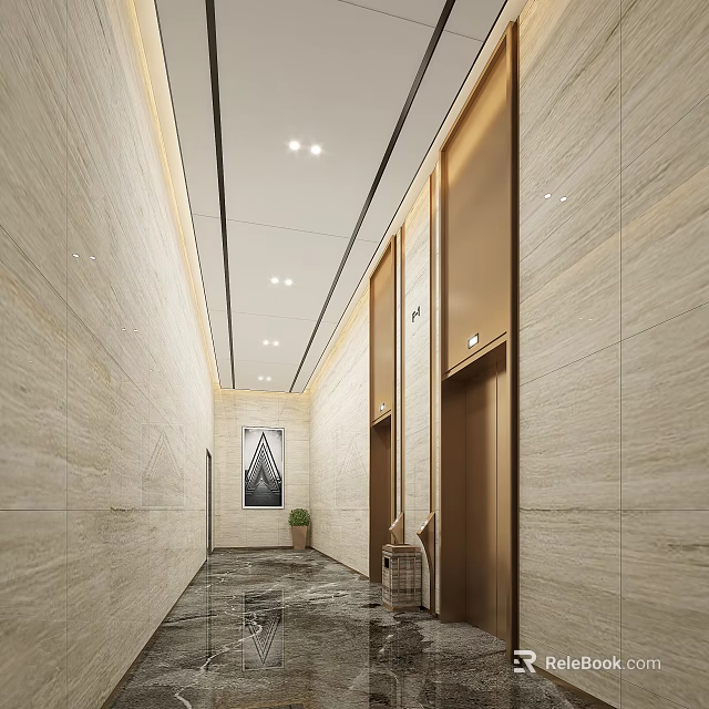 Modern Elevator Hallway Interior Design With Beige Marble Walls Golden Doors And Ceiling Lights 3d model