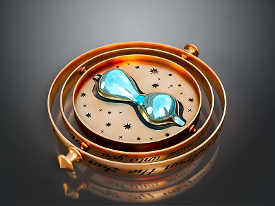 Decorative Blue Hourglass In Golden Circular Frame With Star Patterns And Engraved Quote 3d model