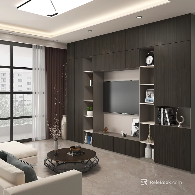 Modern Living And Dining Area Interior With Dark Wooden TV Wall Open Shelves And Decorations 3d model 