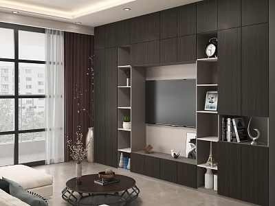 Modern Living And Dining Area Interior With Dark Wooden TV Wall Open Shelves And Decorations 3d model
