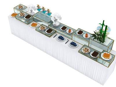 Food Display on Long Table with Glass Containers White Plates Nuts Fruits Desserts Green Plants 3d model