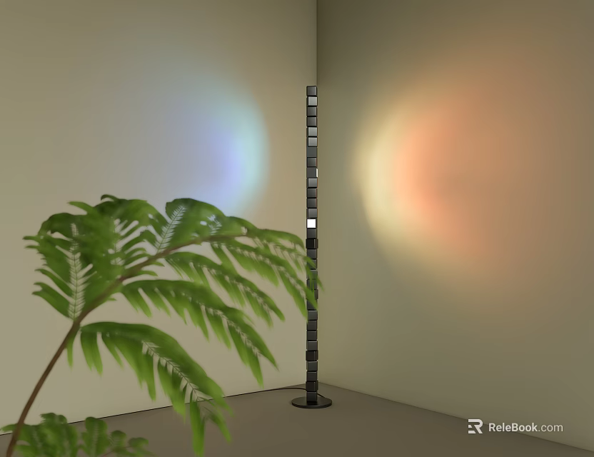 Modern Floor Lamp With Green Plant And Colorful Light Projection On Light Colored Wall 3d model 