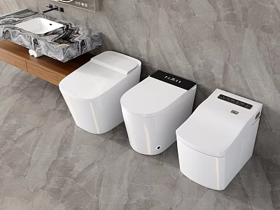 Three Modern White Toilets in Bathroom with Marble Countertop and Sleek Design 3d model