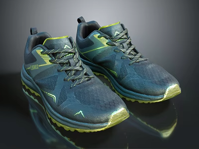 Navy Blue Athletic Running Shoes With Yellow Accents Dark Laces And Streamlined Design 3d model