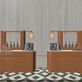 Dual Leather Brown Wine Cabinets With Wine Glass Racks Table Lamps And Geometric Floor