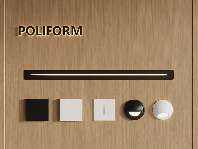 Poliform Brand Display On Wooden Wall With Black Linear Strip And Various Shaped Elements 3d model