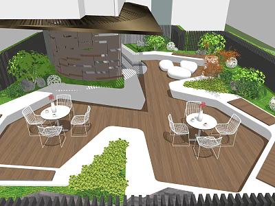 Rooftop Garden Design With Wooden Deck Circular Seating Greenery And Outdoor Tables 3d model