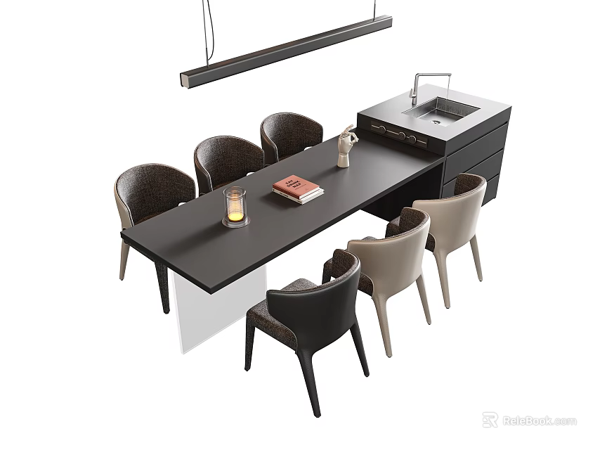 Modern Dining Table And Chairs Set With Hanging Light Candle Book And Cabinet 3d model 