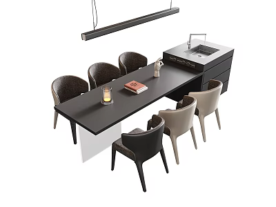 Modern Dining Table And Chairs Set With Hanging Light Candle Book And Cabinet 3d model