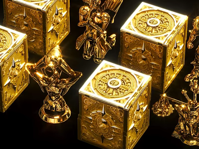Elegant Golden Decorative Dolls With Shiny Ornate Boxes And Intricate Patterns 3d model