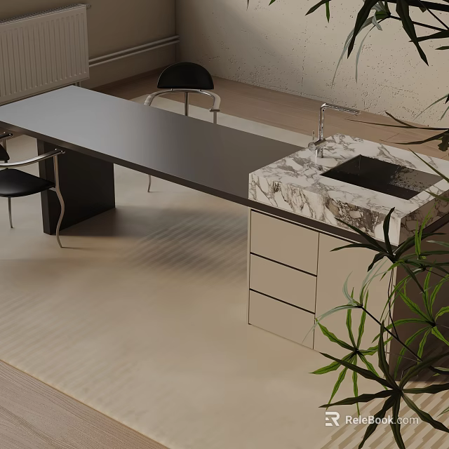 Modern Dining Table Set With Black Chairs Marble Countertop Drawers And Sink 3d model 