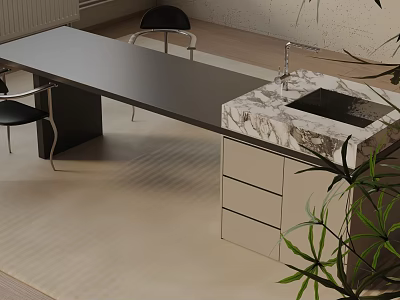 Modern Dining Table Set With Black Chairs Marble Countertop Drawers And Sink 3d model