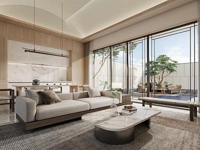 Modern Living Room Interior With Beige Sofa Marble Coffee Table And Floor to Ceiling Windows 3d model