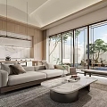 Modern Living Room Interior With Beige Sofa Marble Coffee Table And Floor to Ceiling Windows