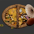 Colorful Food Items in Wicker Basket with Yellow Red Fruits and Mushroom Shaped Snacks