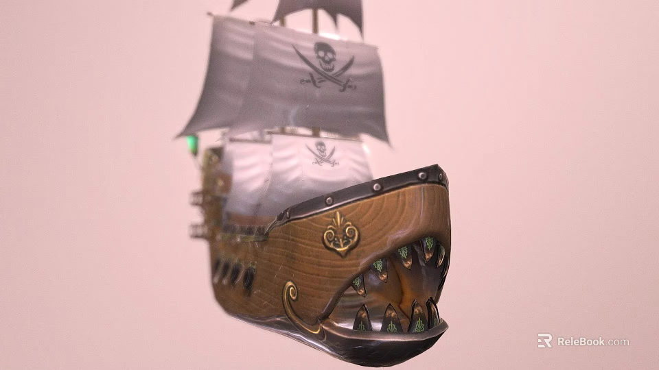 Wooden Pirate Ship Model with White Sails Skull Emblem and Decorative Teeth on Bow 3d model 