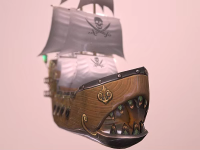 Wooden Pirate Ship Model with White Sails Skull Emblem and Decorative Teeth on Bow 3d model