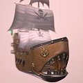 Wooden Pirate Ship Model with White Sails Skull Emblem and Decorative Teeth on Bow