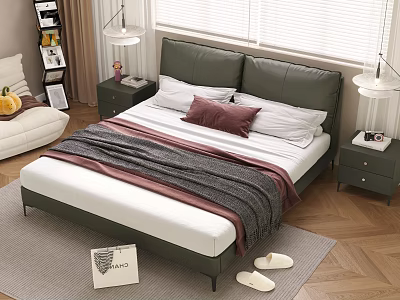 Modern Double Bed With Leather Headboard Pillows Blanket Two Nightstands Window Blinds And Wooden Floor 3d model
