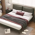 Modern Double Bed With Leather Headboard Pillows Blanket Two Nightstands Window Blinds And Wooden Floor