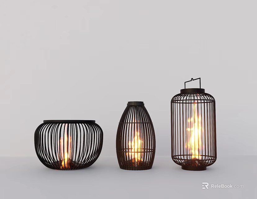 Garden Decorative Ornaments With Three Black Wicker Lanterns And Flaming Lights 3d model 