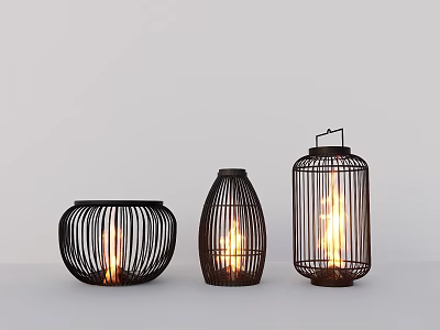 Garden Decorative Ornaments With Three Black Wicker Lanterns And Flaming Lights 3d model