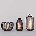 Garden Decorative Ornaments With Three Black Wicker Lanterns And Flaming Lights