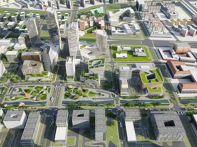 Aerial View of Urban Planning With High Rise Buildings Green Spaces Roads And Clusters 3d model